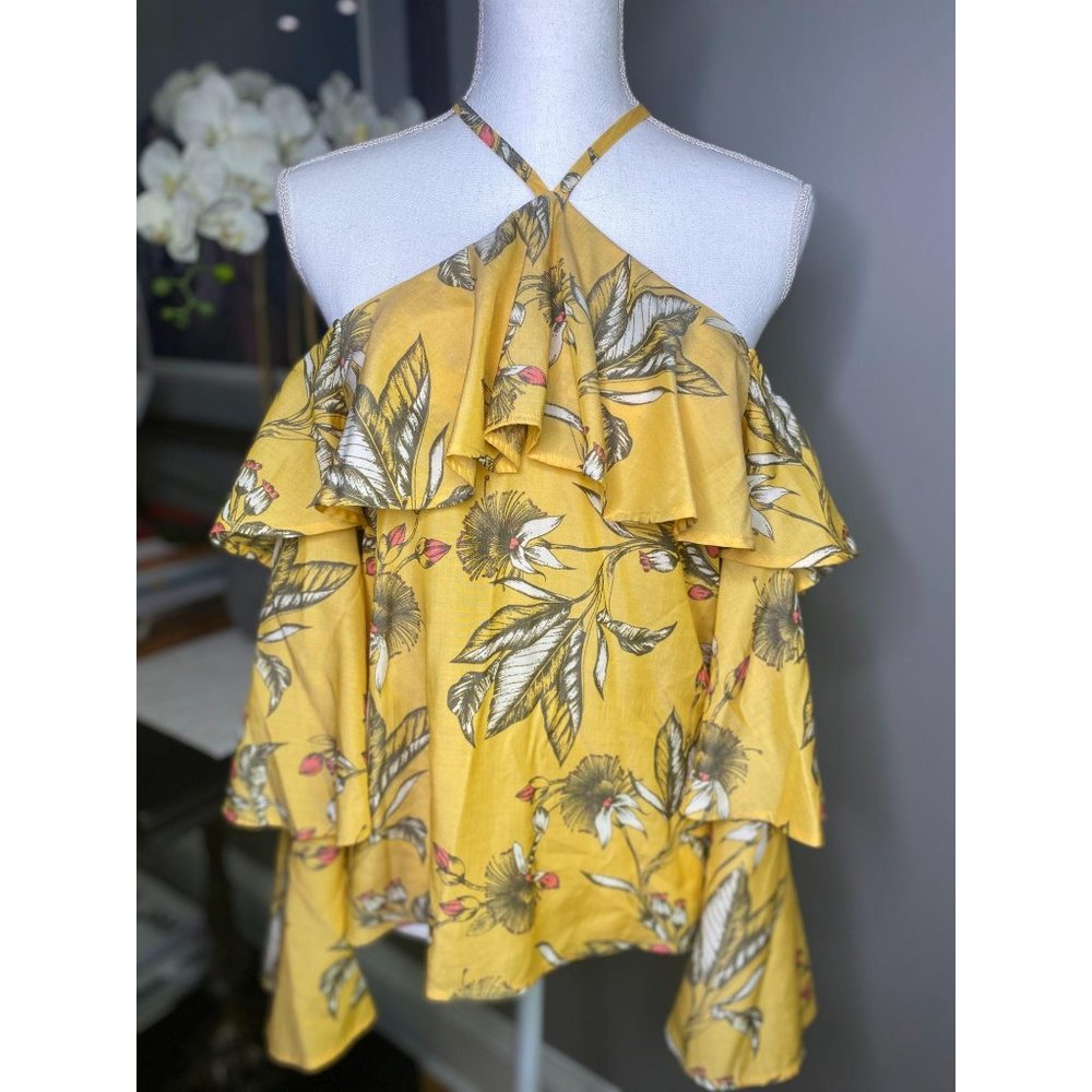 Express Yellow Floral Ruffle Cold Shoulder Top XS - Picture 3 of 8